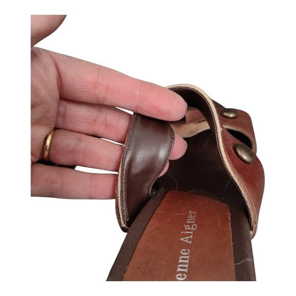 Etienne Aigner Diablo Slip On Sandals Brown Leather Heels Open Toe Stud Size 7M - Picture 13 of 15